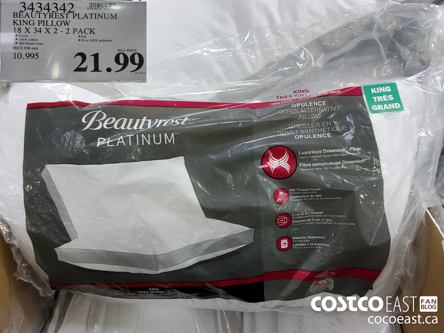3434342 BEAUTYREST PLATINUM KING PILLOW 18 X 34 X 2 - 2 PACK $21.99