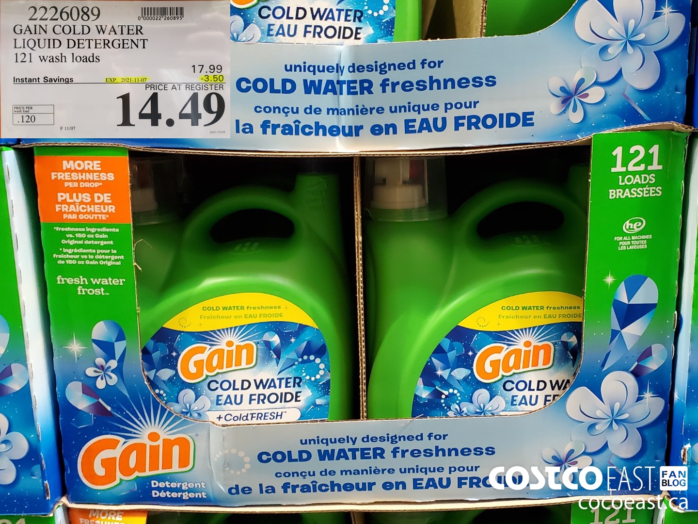 2226089 GAIN COLD WATER LIQUID DETERGENT 121 wash loads ($3.50 INSTANT SAVINGS EXPIRES ON 2021-11-07) $14.49