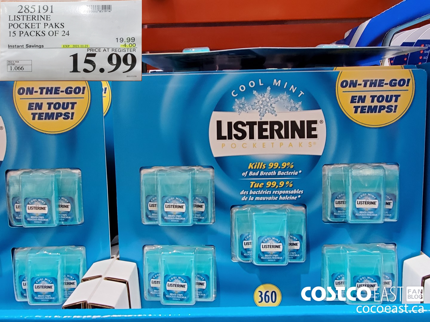 285191 LISTERINE POCKET PAKS 15 PACKS OF 24 ($4.00 INSTANT SAVINGS EXPIRES ON 2021-11-21) $15.99