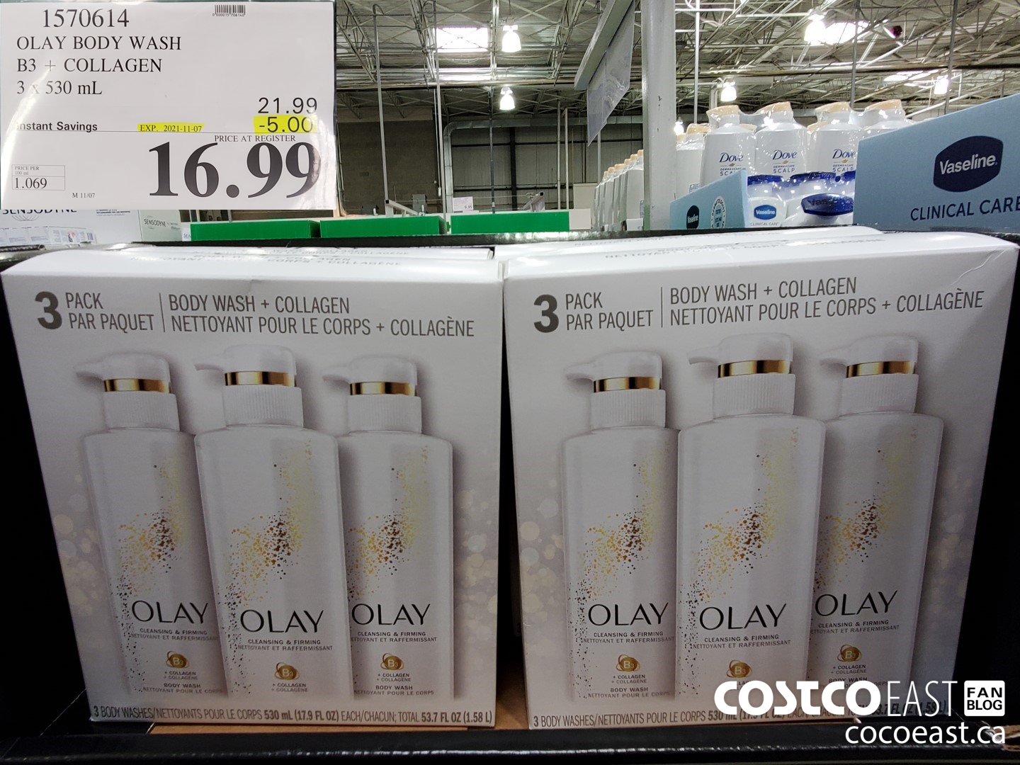 1570614 OLAY BODY WASH B3 + COLLAGEN 3 x 530 mL ($5.00 INSTANT SAVINGS EXPIRES ON 2021-11-07) $16.99