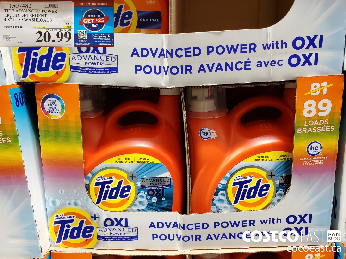 1507482 TIDE ADVANCED POWER LIQUID DETERGENT 4.87L 89 WASHLOADS ($5.00 INSTANT SAVINGS EXPIRES ON 2021-11-07) $20.99