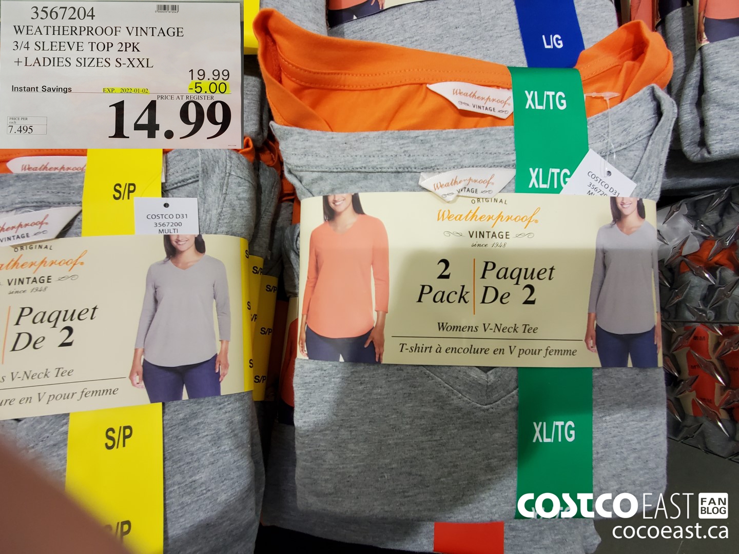 3567204 WEATHERPROOF VINTAGE 3/4 SLEEVE TOP 2PK + LADIES SIZES S-XXL ($5.00 INSTANT SAVINGS EXPIRES ON 2022-01-02) $14.99