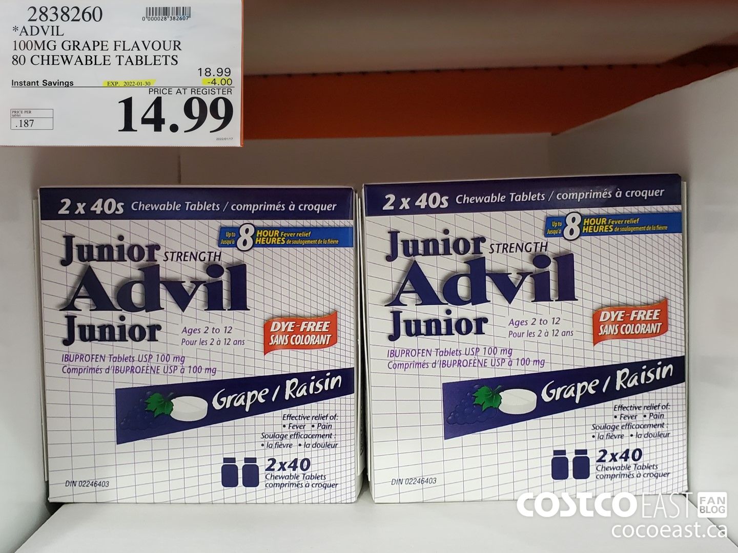 2838260 ADVIL 100MG GRAPE FLAVOUR 80 CHEWABLE TABLETS ($4.00 INSTANT SAVINGS EXPIRES ON 2022-01-30) $14.99