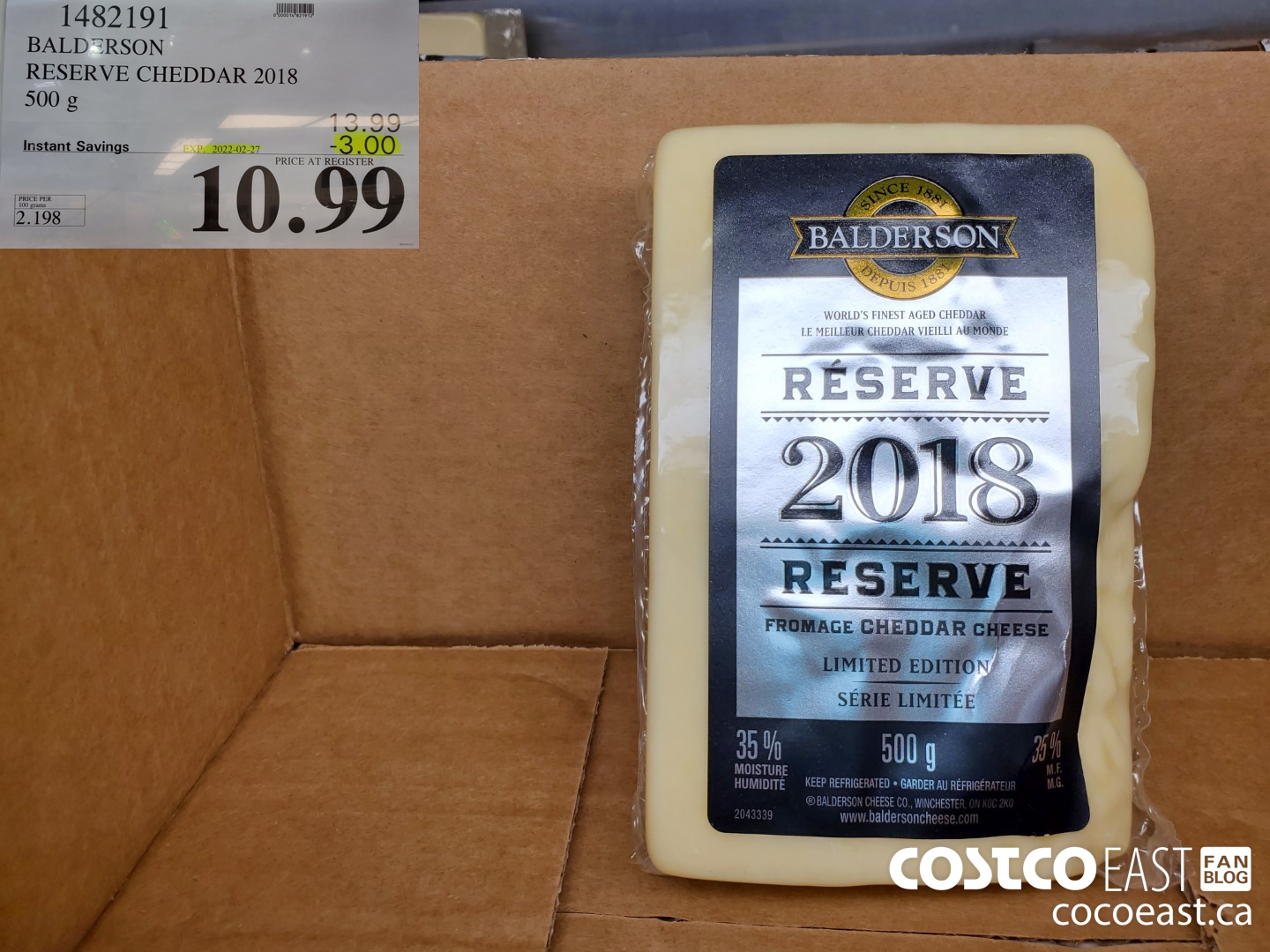1482191 BALDERSON RESERVE AGED CHEDDAR 2018 500 g ($3.00 INSTANT SAVINGS EXPIRES ON 2022-02-27) $10.99
