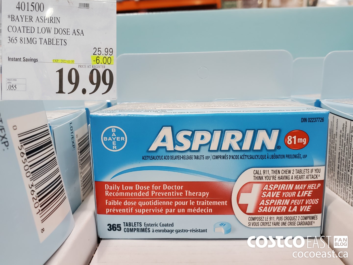 401500 BAYER COATED LOW DOSE ASA 365 81MG TABLETS ($6.00 INSTANT SAVINGS EXPIRES ON 2022-01-30) $19.99