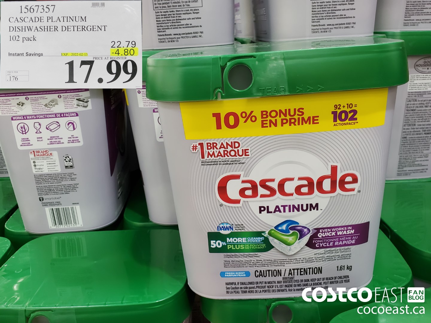1567357 CASCADE PLATINUM DISHWASHER DETERGENT 102 pack ($4.80 INSTANT SAVINGS EXPIRES ON 2022-02-13) $17.99