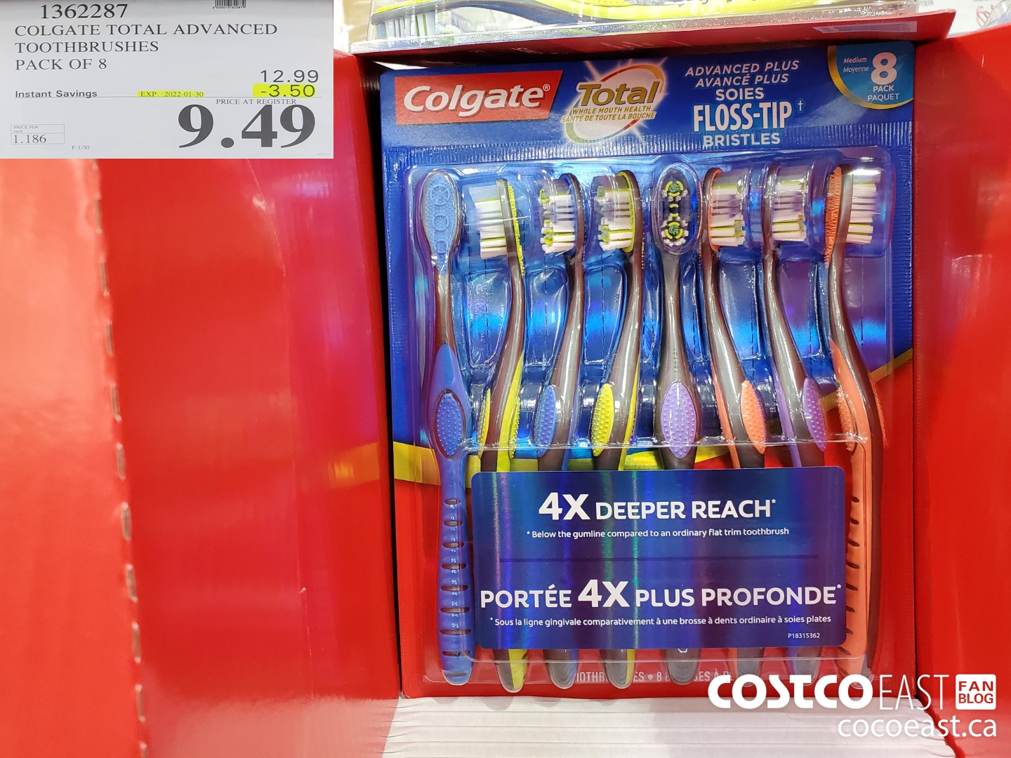 1362287 COLGATE TOTAL ADVANCED TOOTHBRUSHES PACK OF 8 ($3.50 INSTANT SAVINGS EXPIRES ON 2022-01-30) $9.49