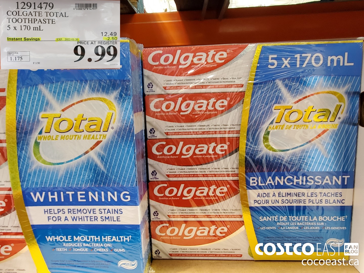 1291479 COLGATE TOTAL TOOTHPASTE 5 x 170 mL ($2.50 INSTANT SAVINGS EXPIRES ON 2022-01-30) $9.99