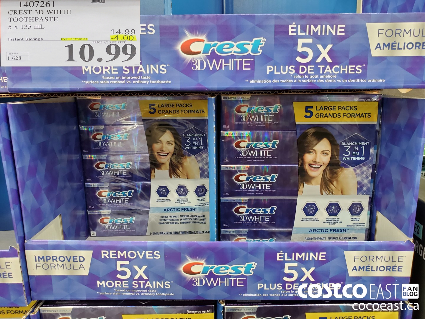 1407261 CREST 3D WHITE TOOTHPASTE 5 X 135 ML ($4.00 INSTANT SAVINGS EXPIRES ON 2022-02-27) $10.99