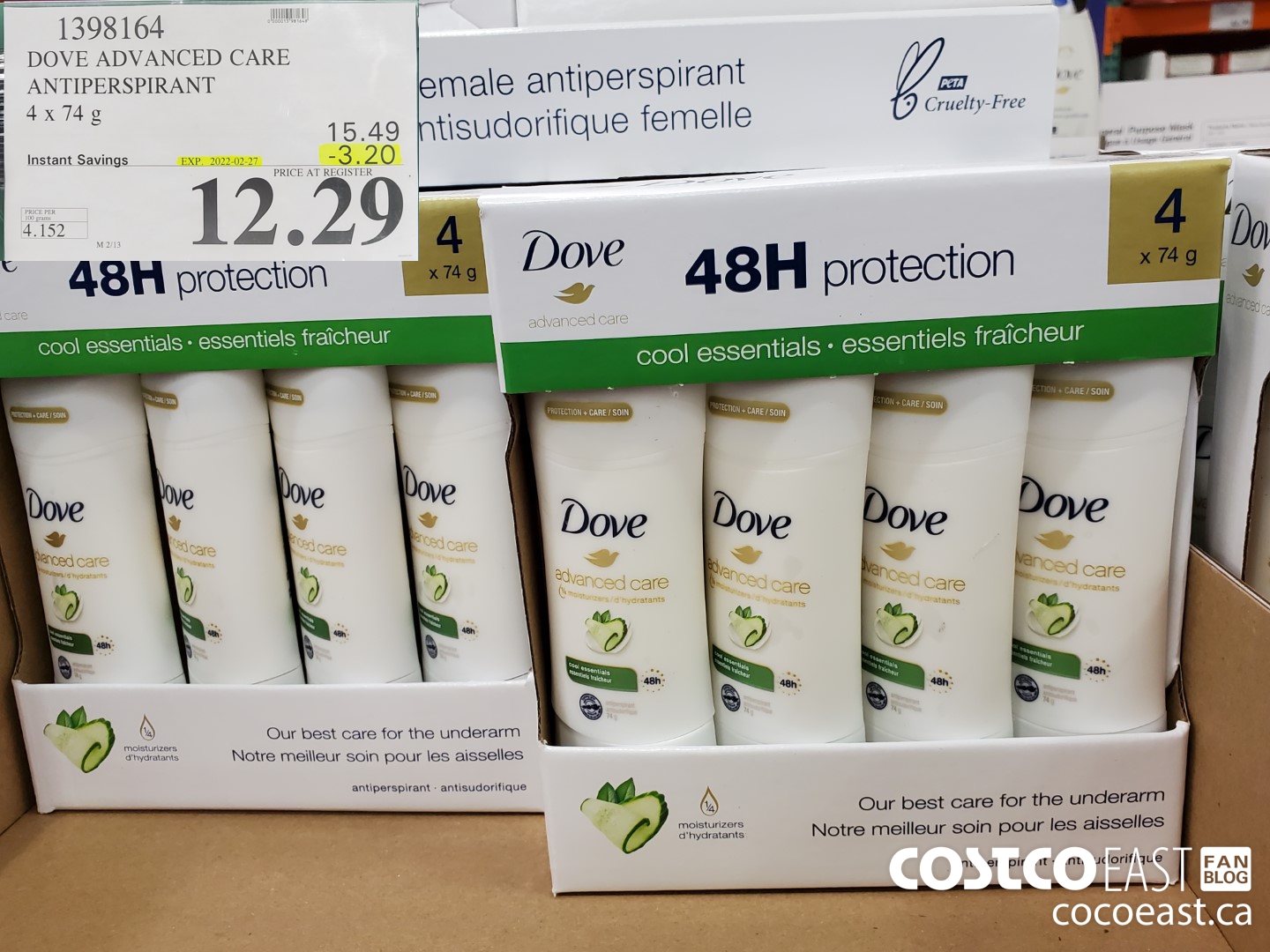 1398164 DOVE ADVANCED CARE ANTIPERSPIRANT 4x74G ($3.20 INSTANT SAVINGS EXPIRES ON 2022-02-27) $12.29