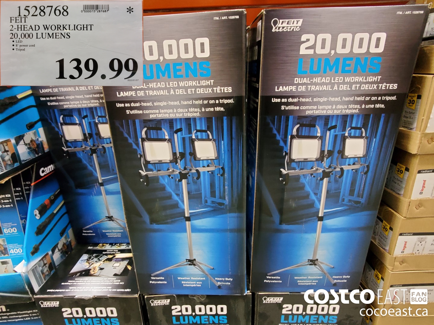 1528768 FEIT 2-HEAD WORKLIGHT 20,000 LUMENS $139.99