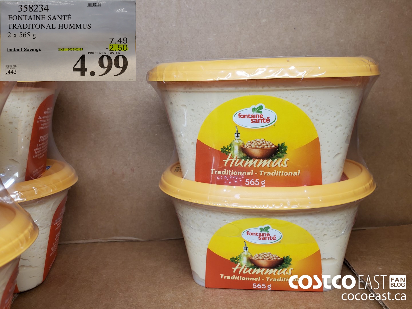 358234 FONTAINE SANTE TRADITIONAL HUMMUS 2 x 565 g ($2.50 INSTANT SAVINGS EXPIRES ON 2022-02-13) $4.99