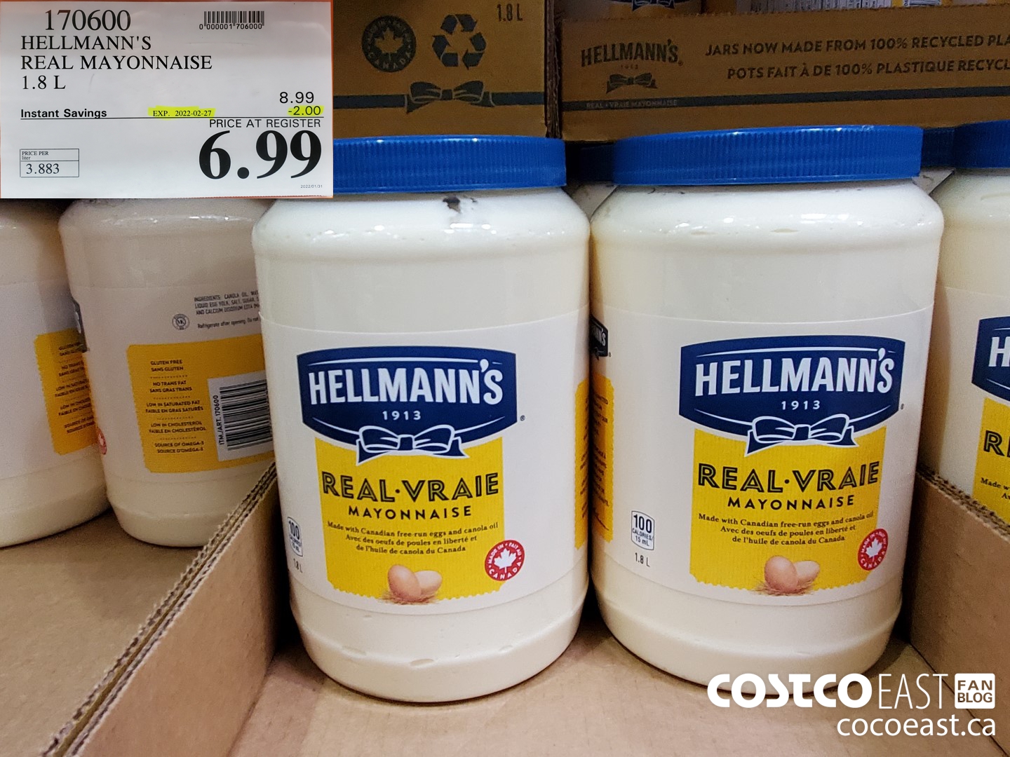 170600 HELLMANN'S REAL MAYONNAISE 1.8 L ($2.00 INSTANT SAVINGS EXPIRES ON 2022-02-27) $6.99