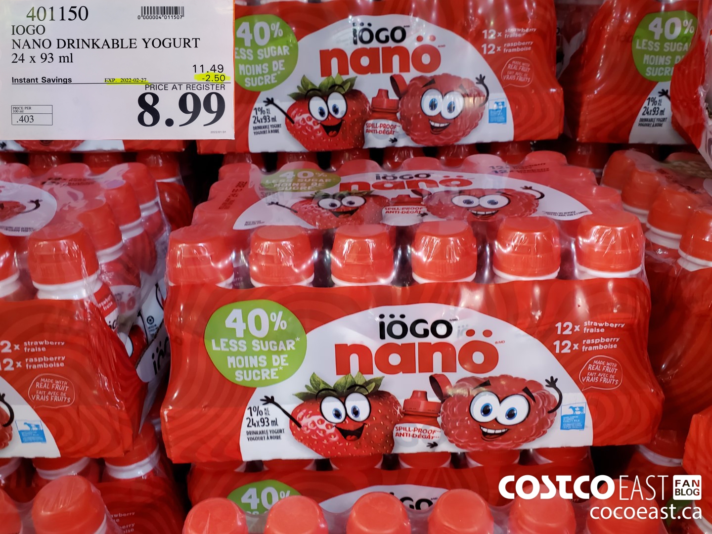 401150 IOGO NANO DRINKABLE YOGURT 24 x 93 ml ($2.50 INSTANT SAVINGS EXPIRES ON 2022-02-27) $8.99