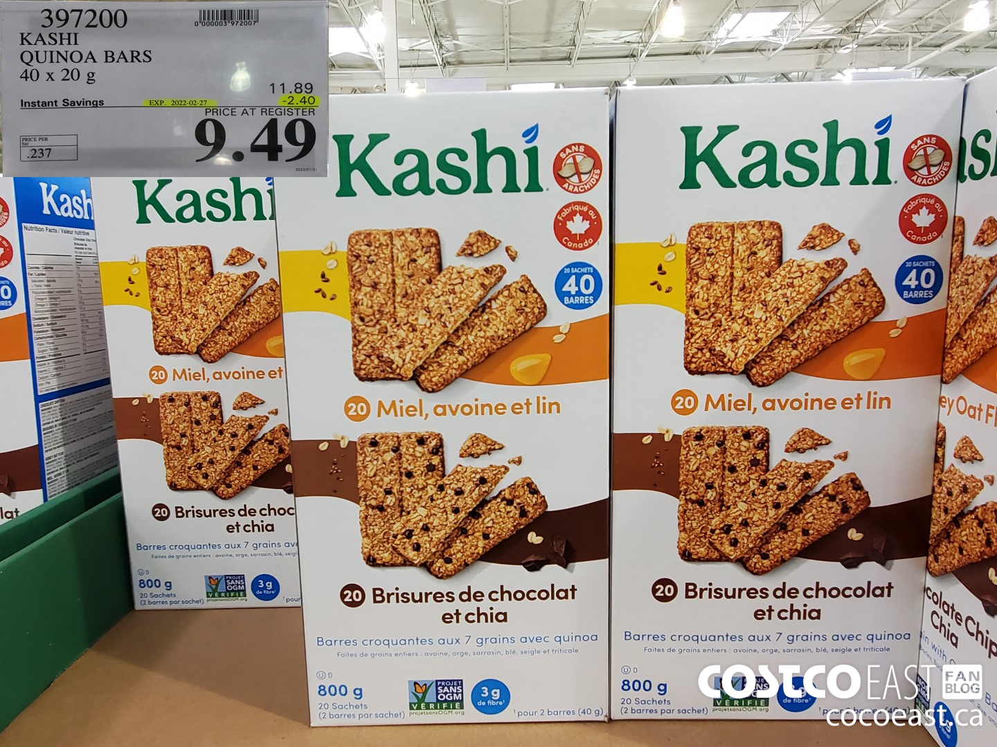 397200 KASHI QUINOA BARS 40 x 20 G ($2.40 INSTANT SAVINGS EXPIRES ON 2022-02-27) $9.49