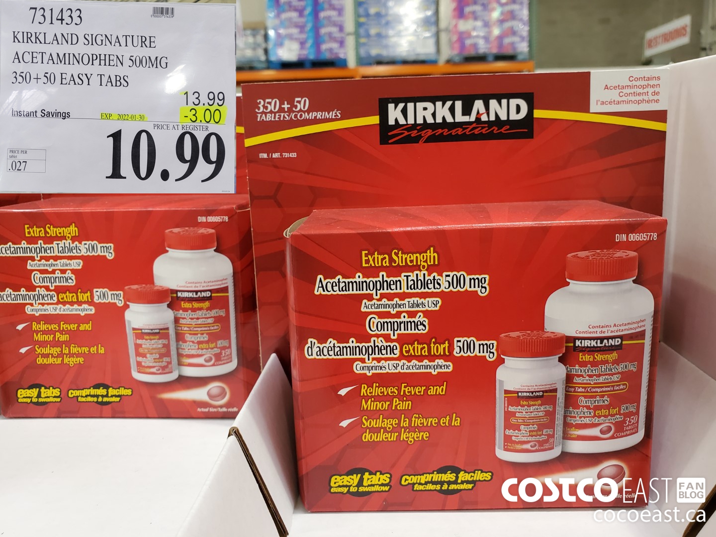 731433 KIRKLAND SIGNATURE ACETAMINOPHEN 500MG 350 + 50 EASY TABLETS ($3.00 INSTANT SAVINGS EXPIRES ON 2022-01-30) $10.99