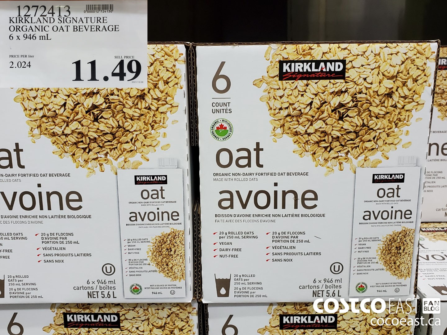 1272413 KIRKLAND SIGNATURE ORGANIC OAT BEVERAGE 6 x 946 mL $11.49