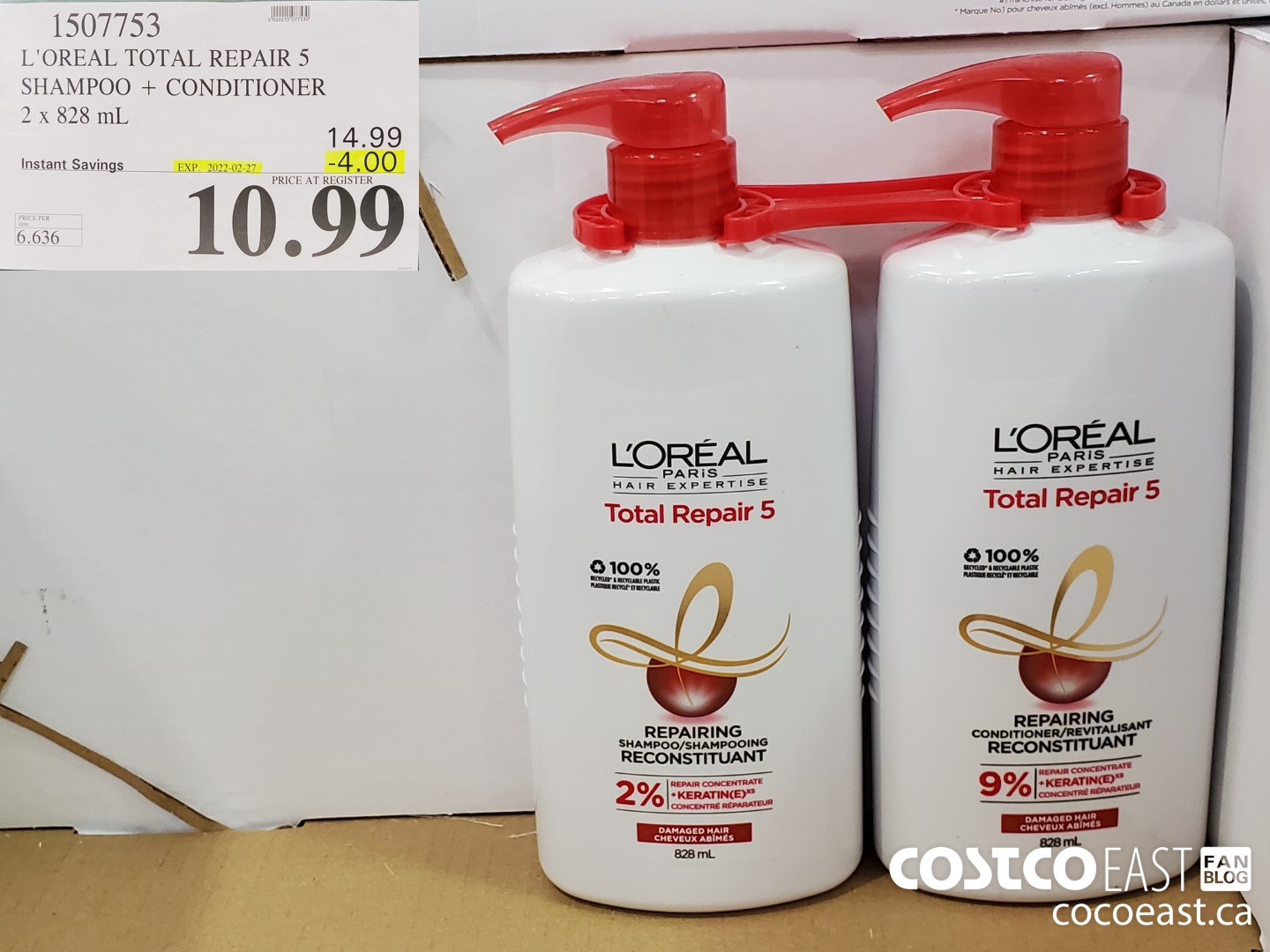 1507753 L'OREAL TOTAL REPAIR 5 SHAMPOO + CONDITIONER 2 X 828ML ($4.00 INSTANT SAVINGS EXPIRES ON 2022-02-27) $10.99