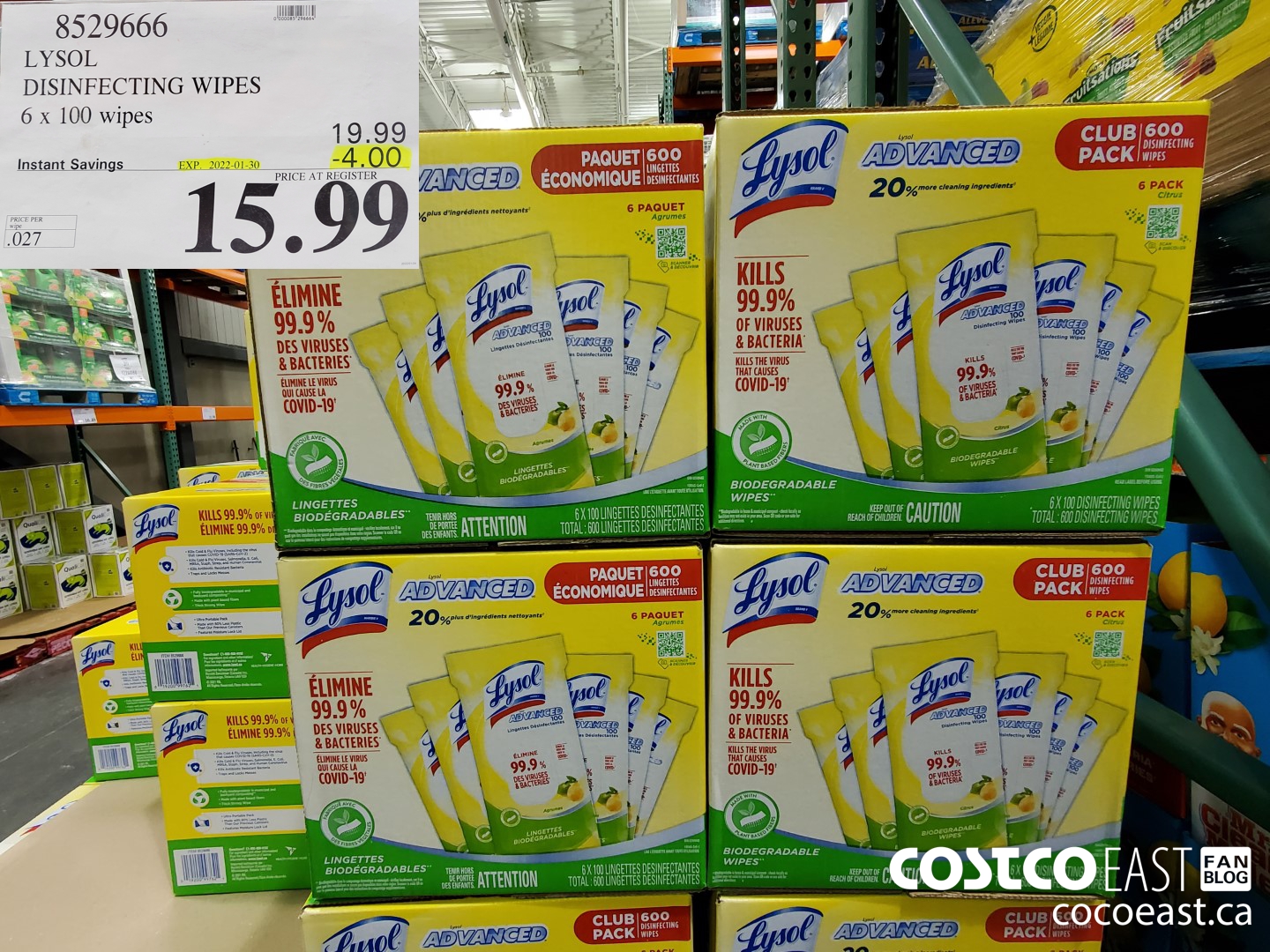 8529666 LYSOL DISINFECTING WIPES 6 x 100 wipes ($4.00 INSTANT SAVINGS EXPIRES ON 2022-01-30) $15.99