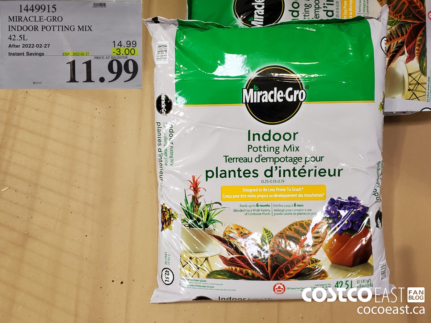 1449915 MIRACLE-GRO INDOOR POTTING MIX 42.5 L ($3.00 INSTANT SAVINGS EXPIRES ON 2022-02-27) $11.99