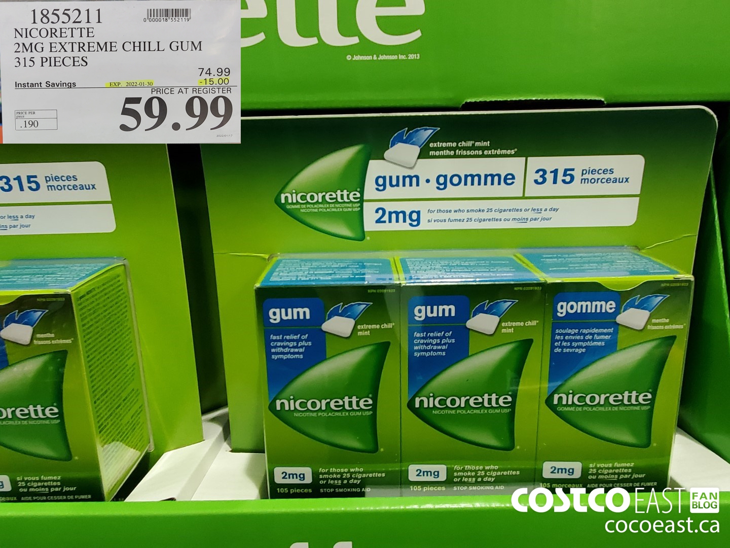 1855211 NICORETTE 2MG EXTREME CHILL GUM 315 PIECES ($15.00 INSTANT SAVINGS EXPIRES ON 2022-01-30) $59.99