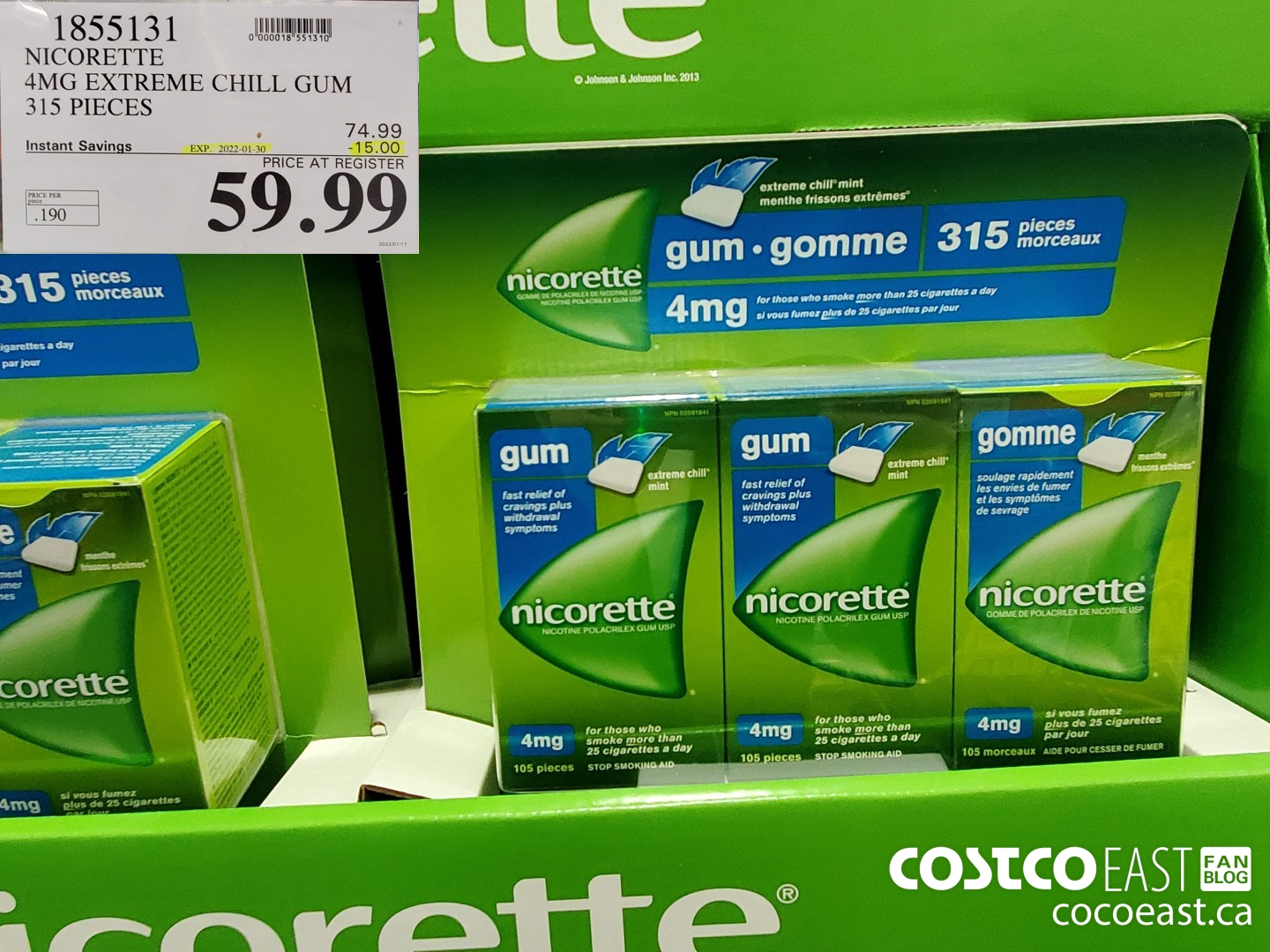 1855131 NICORETTE 4MG EXTREME CHILL GUM 315 PIECES ($15.00 INSTANT SAVINGS EXPIRES ON 2022-01-30) $59.99