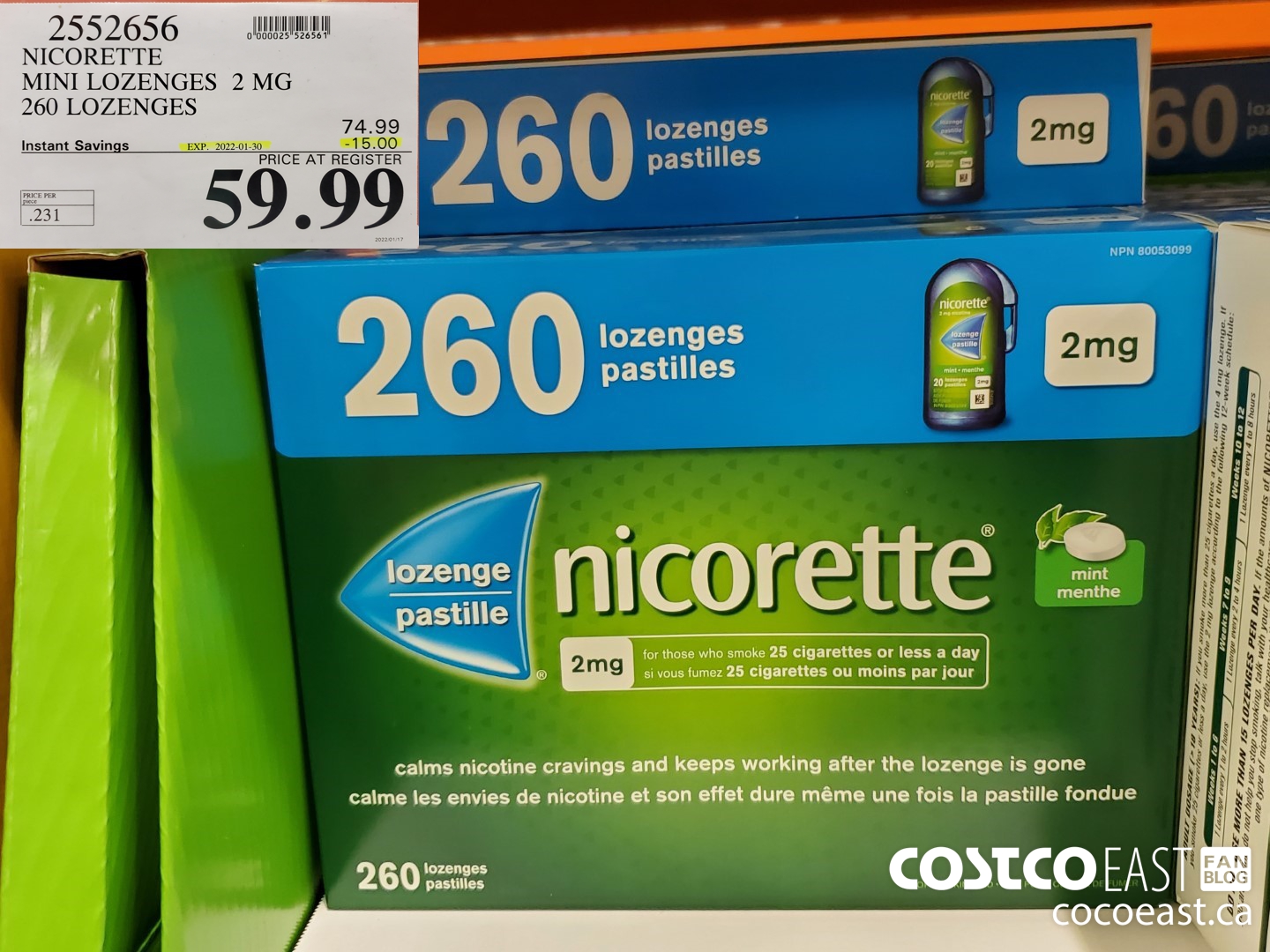 2552656 NICORETTE MINI LOZENGES 2 MG 260 LOZENGES ($15.00 INSTANT SAVINGS EXPIRES ON 2022-01-30) $59.99