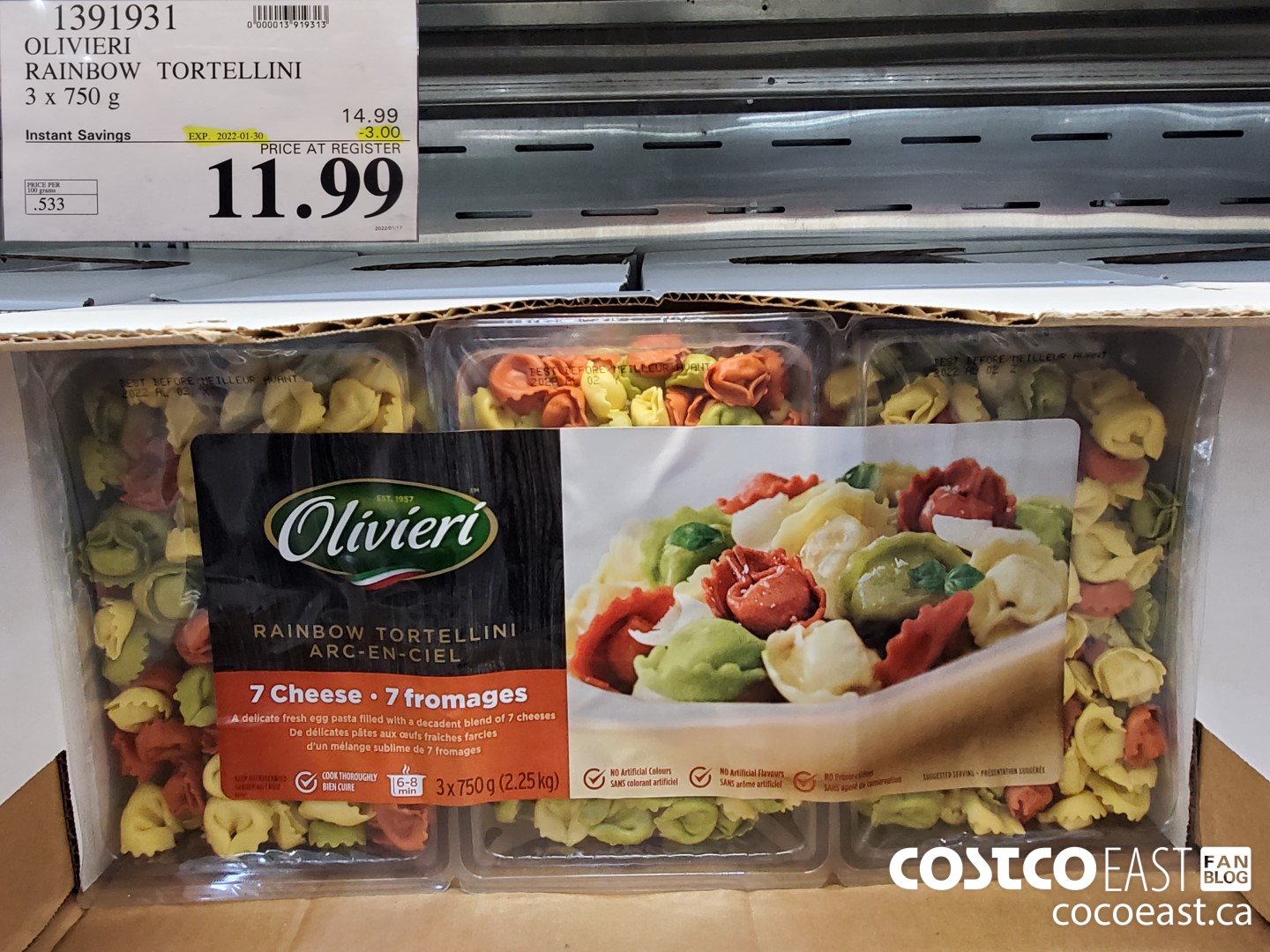 1391931 OLIVIERI 7 CHEESE TORTELLINI 3 x 750 g ($3.00 INSTANT SAVINGS EXPIRES ON 2022-01-30) $11.99