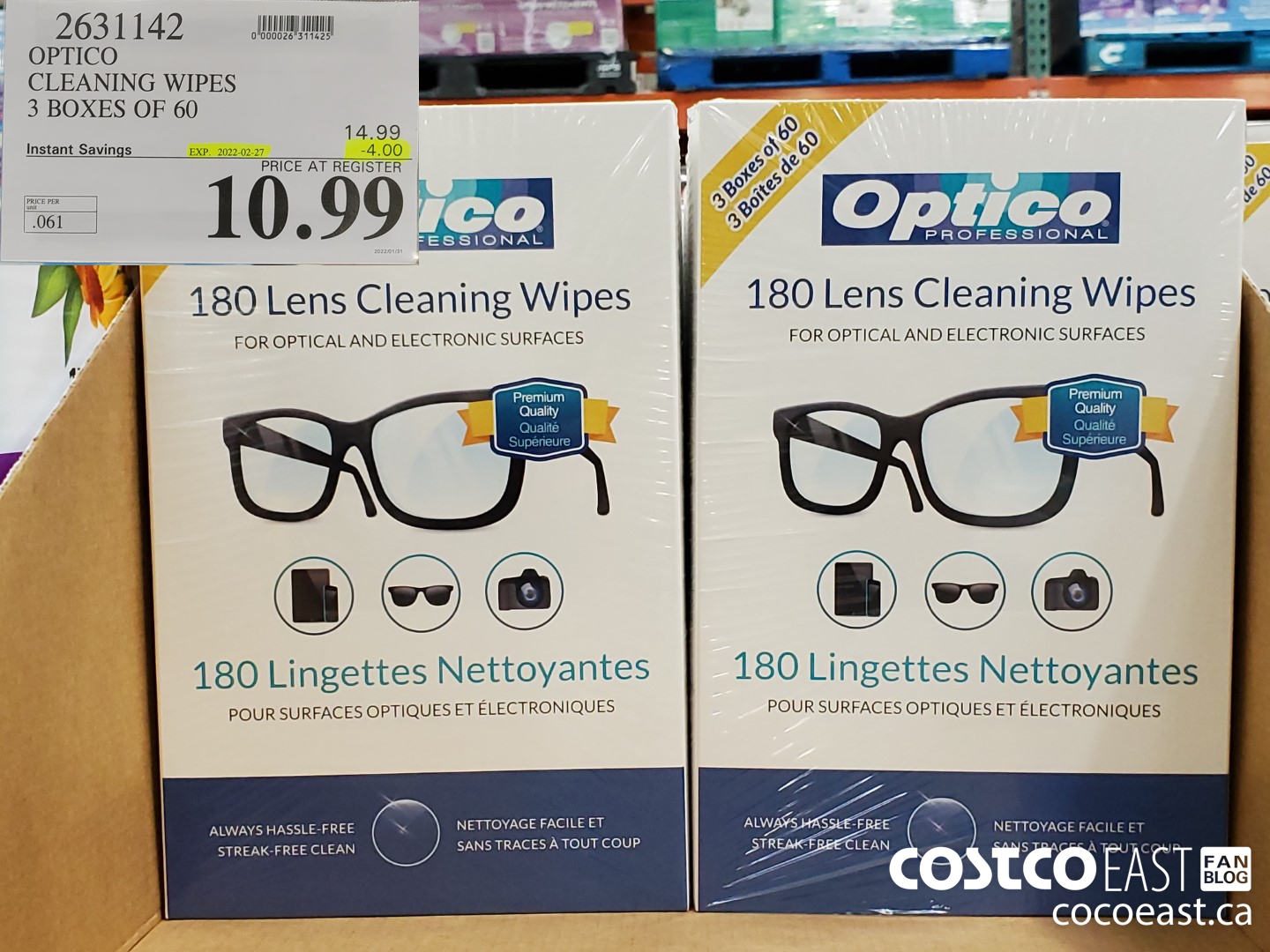 2631142 OPTICO CLEANING WIPES 3 BOXES OF 60 ($4.00 INSTANT SAVINGS EXPIRES ON 2022-02-27) $10.99