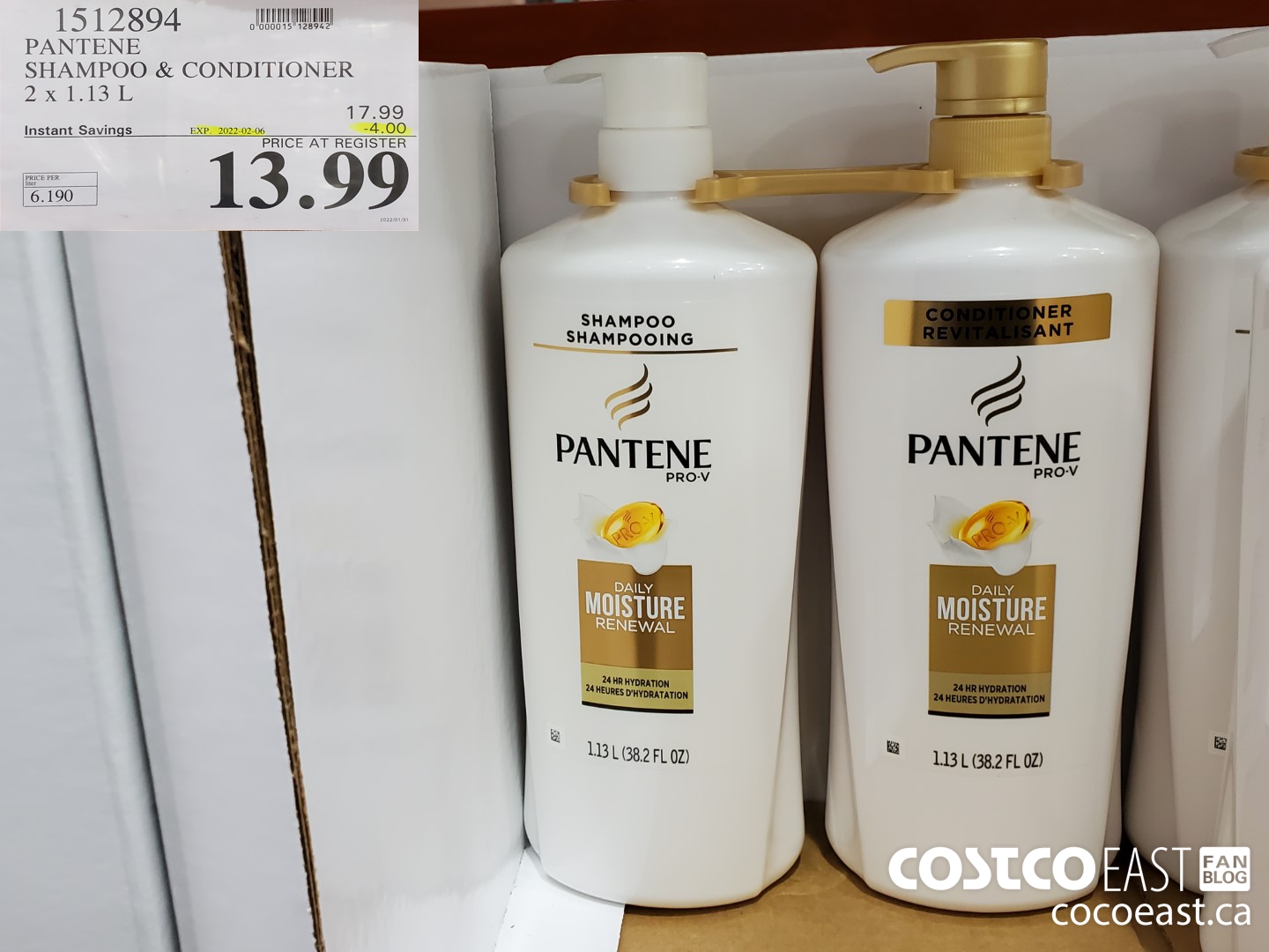 1512894 PANTENE SHAMPOO & CONDITIONER 2 x 1.13 L ($4.00 INSTANT SAVINGS EXPIRES ON 2022-02-06) $13.99