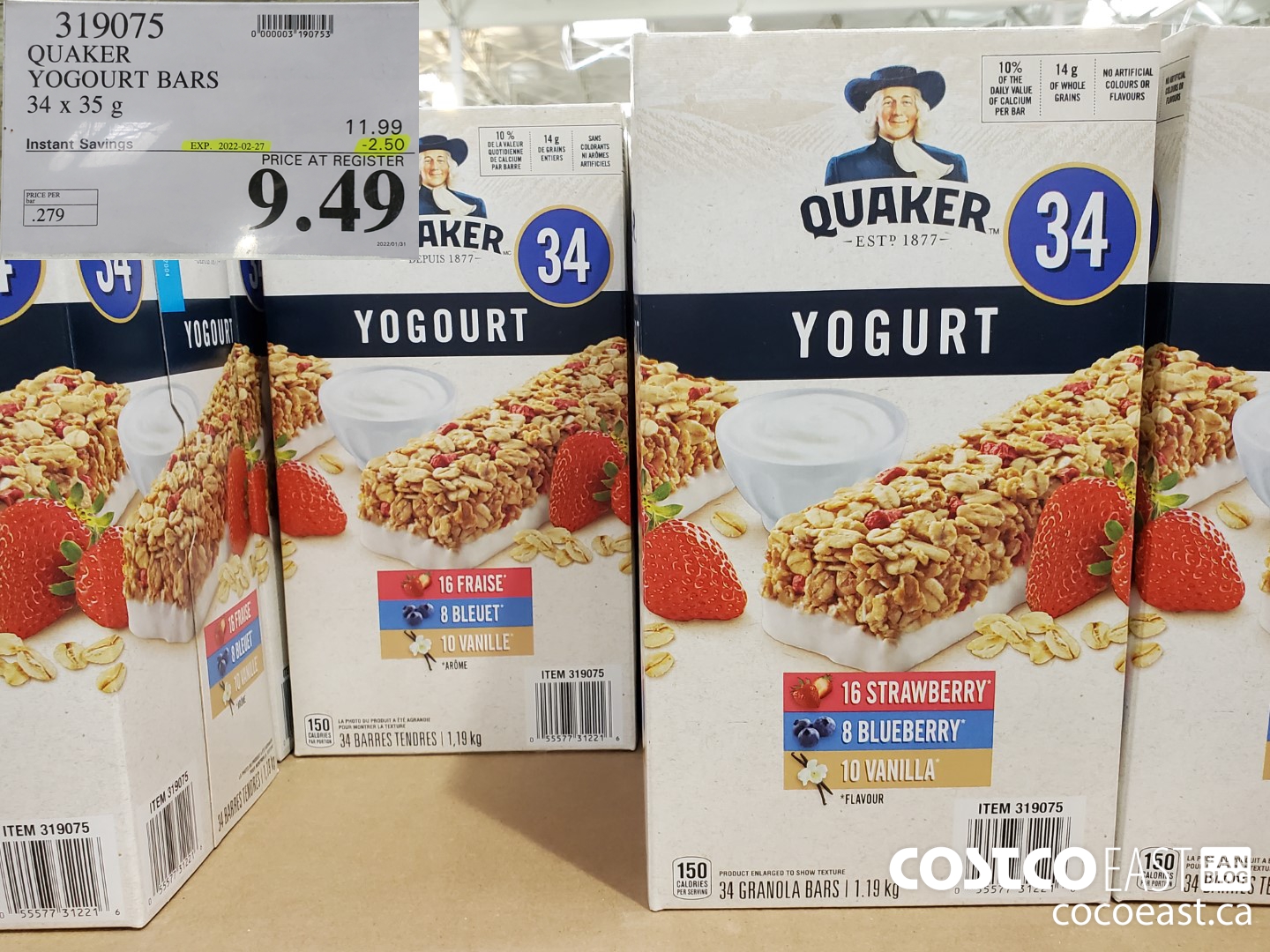319075 QUAKER YOGOURT BARS 34 x 35G ($2.50 INSTANT SAVINGS EXPIRES ON 2022-02-27) $9.49