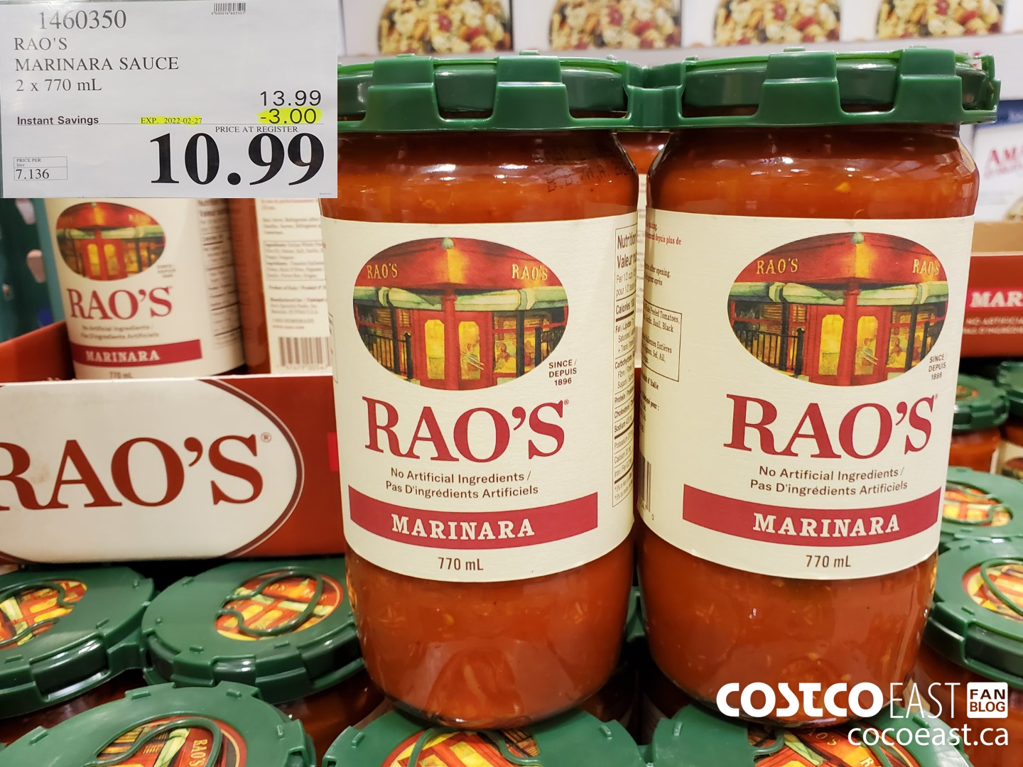 1460350 RAO'S MARINARA SAUCE 2 x 770 mL ($3.00 INSTANT SAVINGS EXPIRES ON 2022-02-27) $10.99