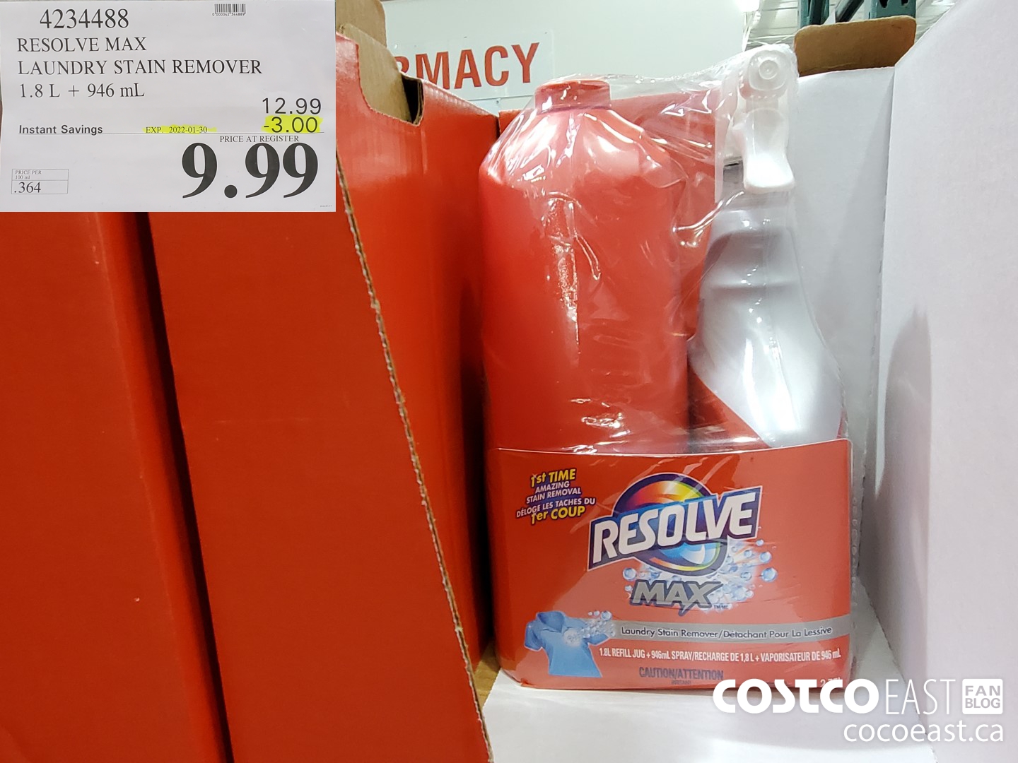 4234488 RESOLVE MAX LAUNDRY STAIN REMOVER 1.8L + 946 mL ($3.00 INSTANT SAVINGS EXPIRES ON 2022-01-30) $9.99