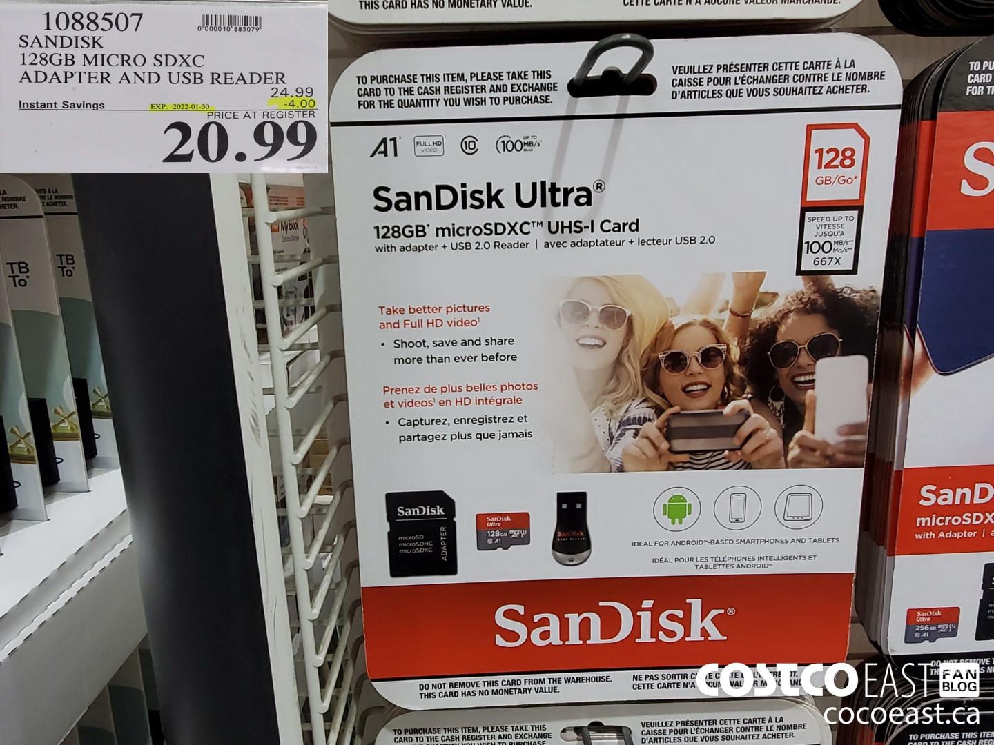 1088507 SANDISK 128GB MICRO SDXC ADAPTER AND USB READER ($4.00 INSTANT SAVINGS EXPIRES ON 2022-01-30) $20.99