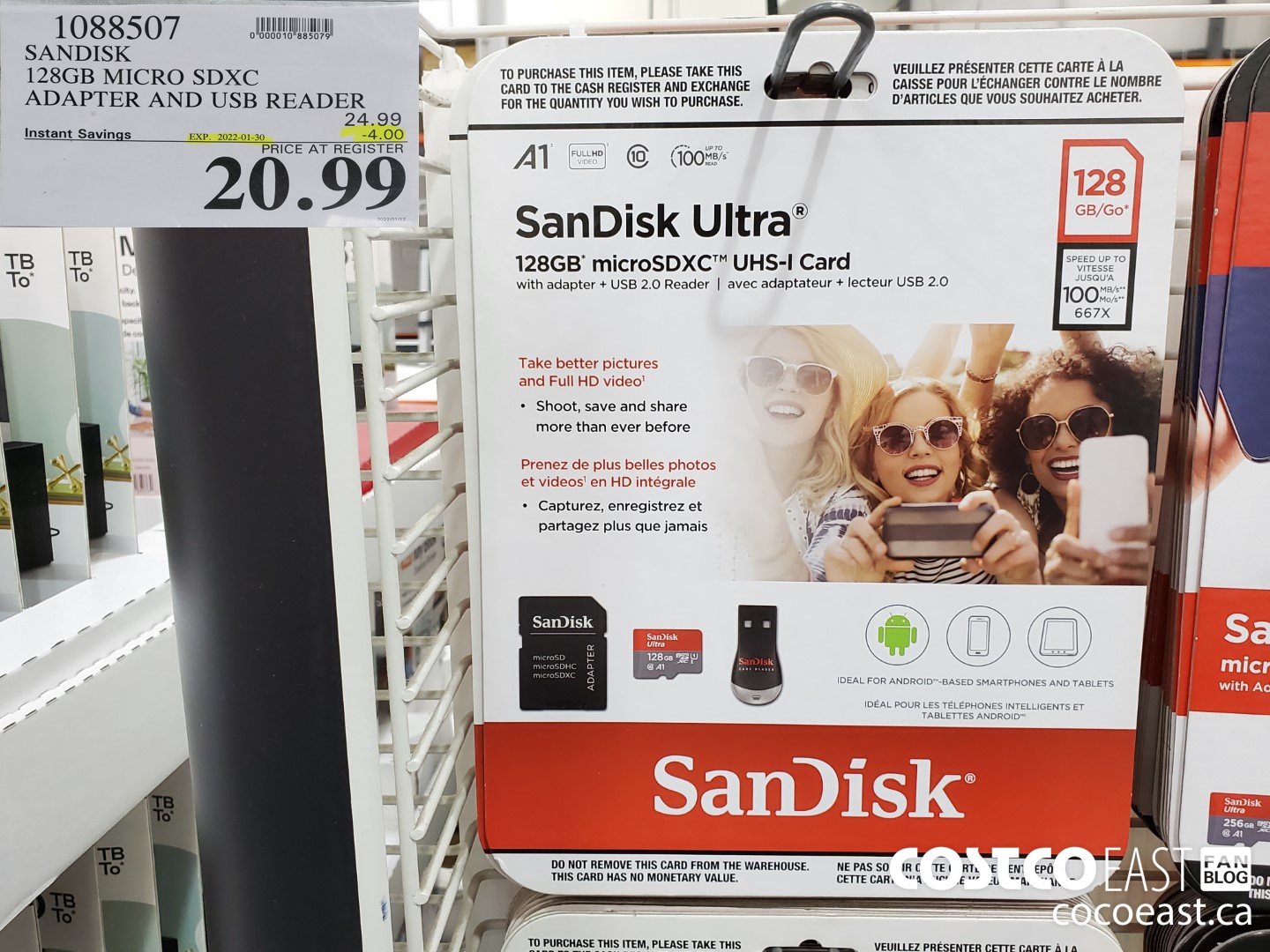 1088507 SANDISK 128GB MICRO SDXC ADAPTER AND USB READER ($4.00 INSTANT SAVINGS EXPIRES ON 2022-01-30) $20.99