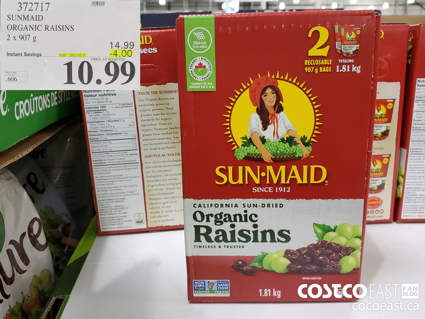 372717 SUNMAID ORGANIC RAISINS 2 x 907 g ($4.00 INSTANT SAVINGS EXPIRES ON 2022-02-27) $10.99