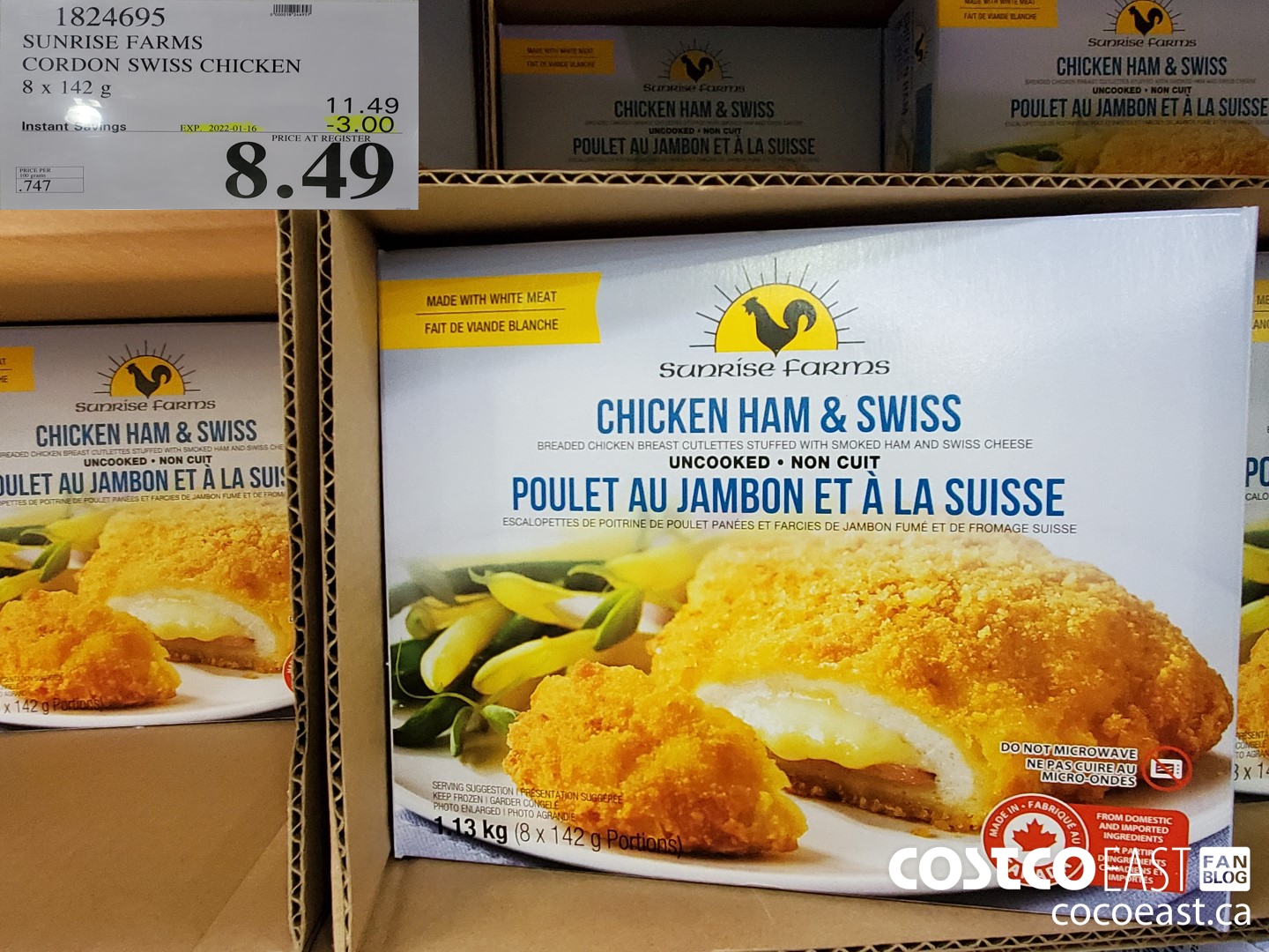 1824695 SUNRISE FARMS CORDON SWISS CHICKEN 8 X 142 G ($3.00 INSTANT SAVINGS EXPIRES ON 2022-01-16) $8.49