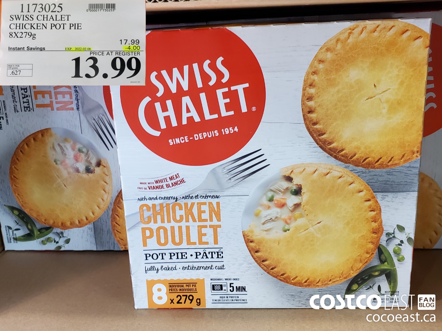 1173025 SWISS CHALET CHICKEN POT PIE 8X279G ($4.00 INSTANT SAVINGS EXPIRES ON 2022-02-06) $13.99