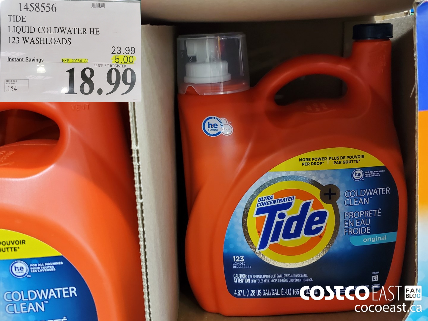 1458556 TIDE LIQUID COLDWATER HE 4.78 L 123 WASHLOADS ($5.00 INSTANT SAVINGS EXPIRES ON 2022-01-30) $18.99