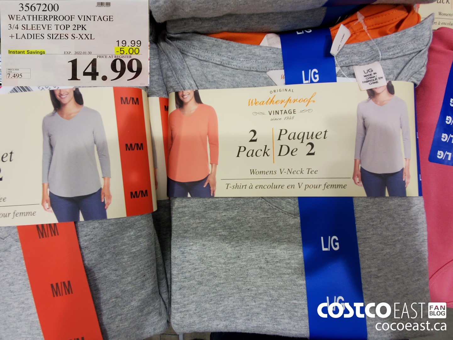 3567200 WEATHERPROOF VINTAGE 3/4 SLEEVE TOP 2PK + LADIES SIZES S-XXL ($5.00 INSTANT SAVINGS EXPIRES ON 2022-01-30) $14.99