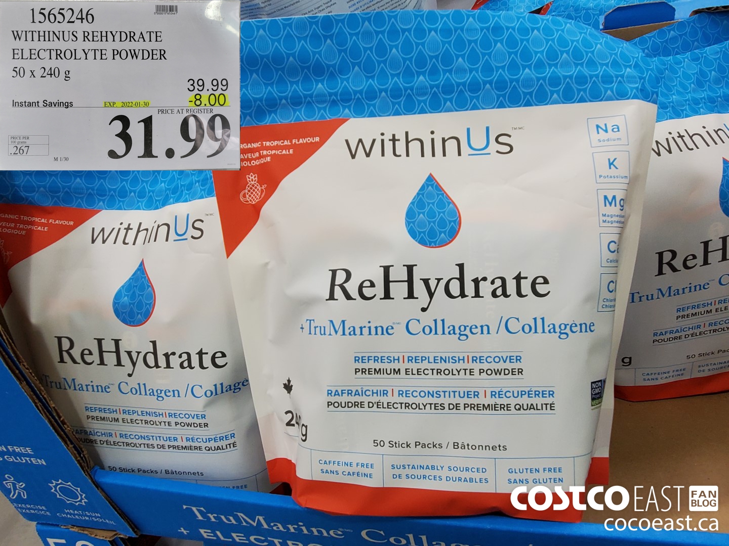 1565246 WITHINUS REHYDRATE ELECROLYTE POWDER 50 x 240 g ($8.00 INSTANT SAVINGS EXPIRES ON 2022-01-30) $31.99