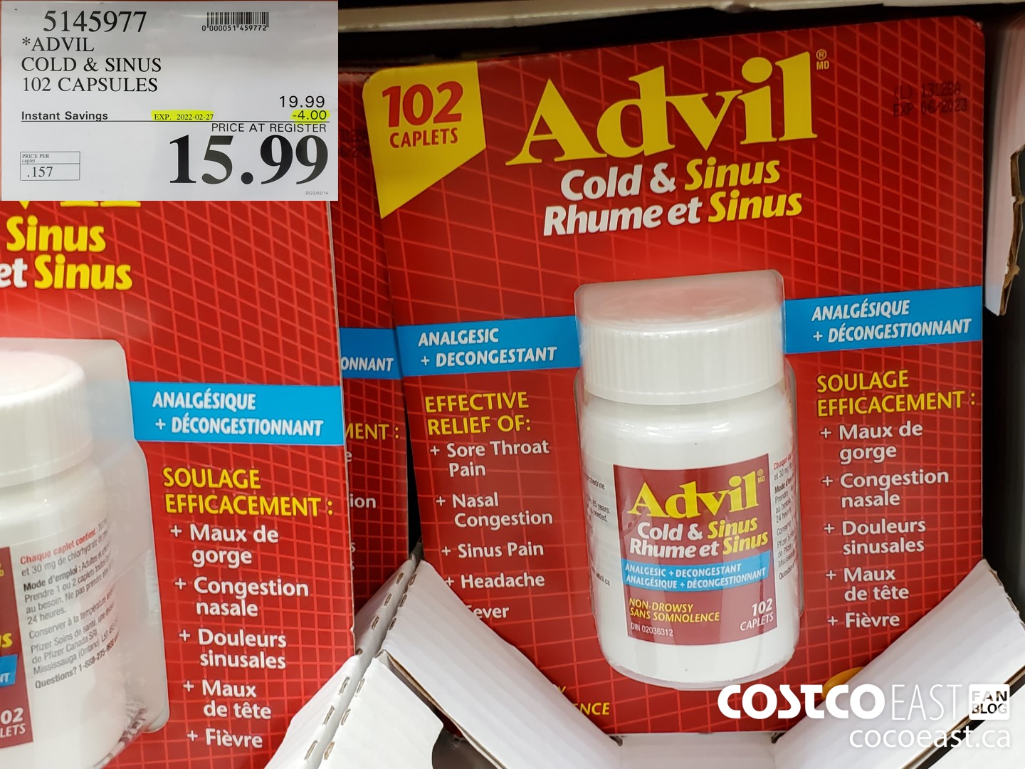 5145977 ADVIL COLD & SINUS 102 CAPLETS ($4.00 INSTANT SAVINGS EXPIRES ON 2022-02-27) $15.99