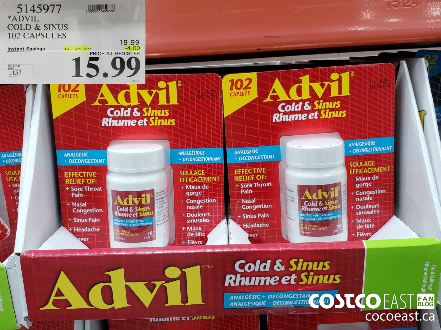 5145977 ADVIL COLD & SINUS 102 CAPLETS ($4.00 INSTANT SAVINGS EXPIRES ON 2022-02-27) $15.99