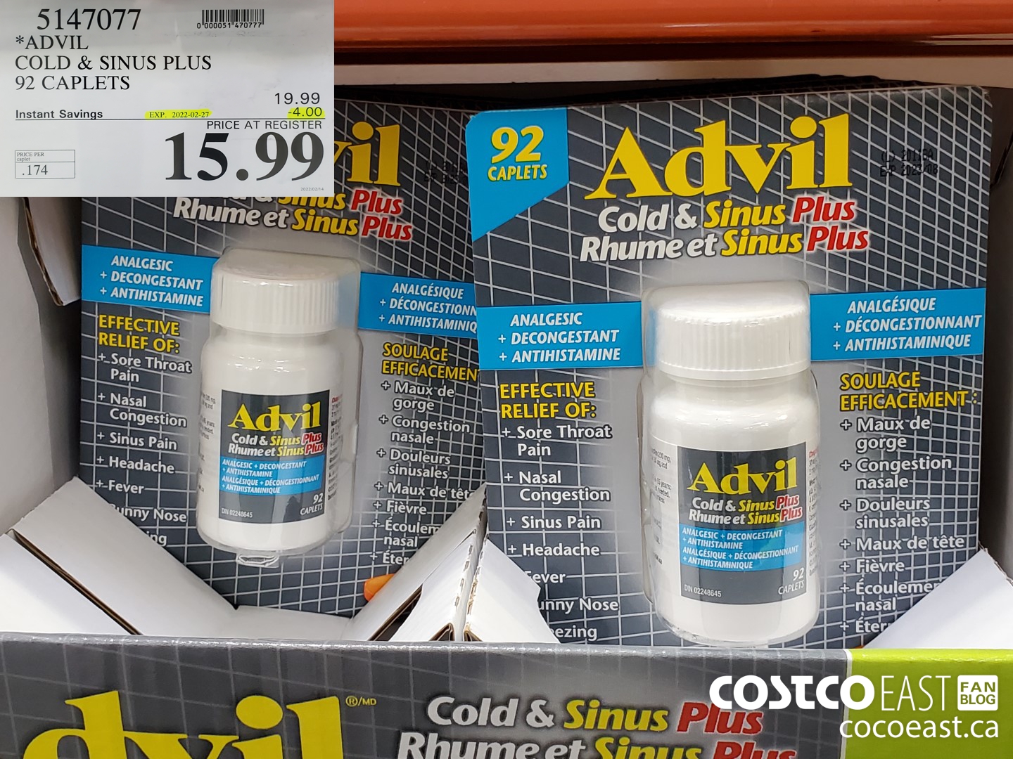 5147077 ADVIL COLD & SINUS PLUS 92 CAPLETS ($4.00 INSTANT SAVINGS EXPIRES ON 2022-02-27) $15.99