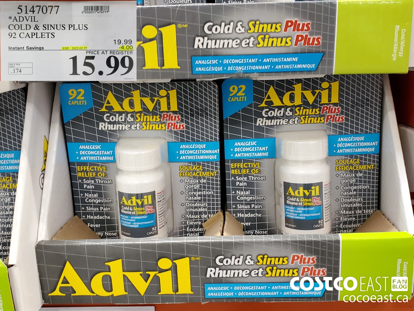 5147077 ADVIL COLD & SINUS PLUS 92 CAPLETS ($4.00 INSTANT SAVINGS EXPIRES ON 2022-02-27) $15.99