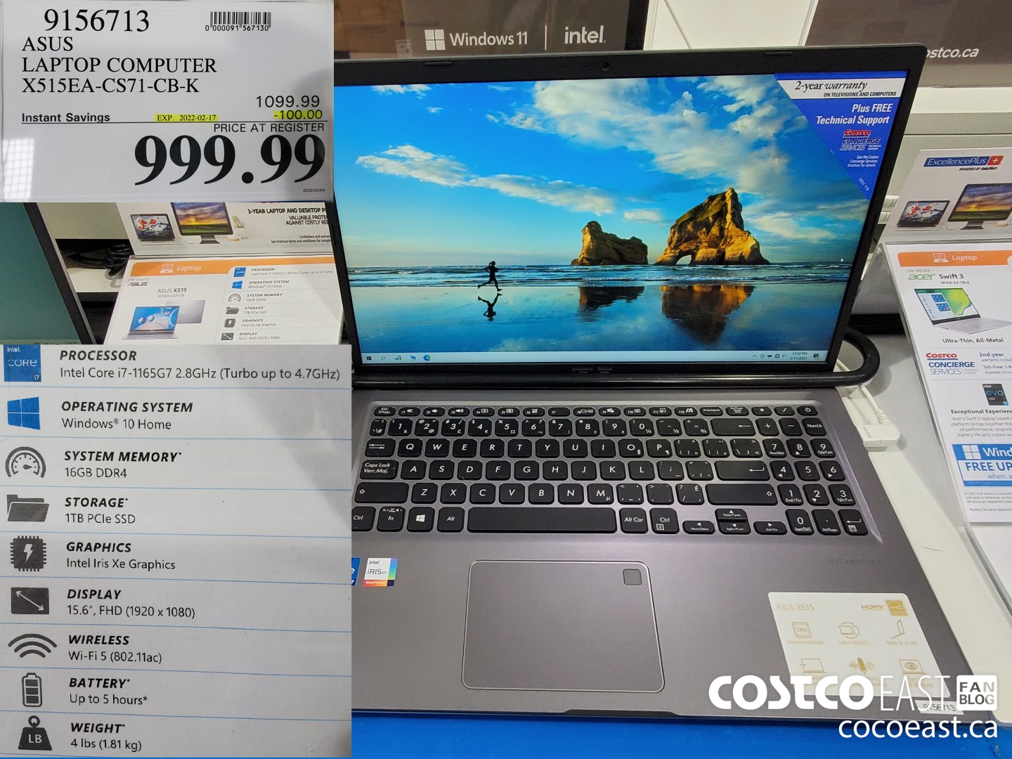 9156713 ASUS LAPTOP COMPUTER X515EA-CS71-CB-K ($100.00 INSTANT SAVINGS EXPIRES ON 2022-02-17) $999.99