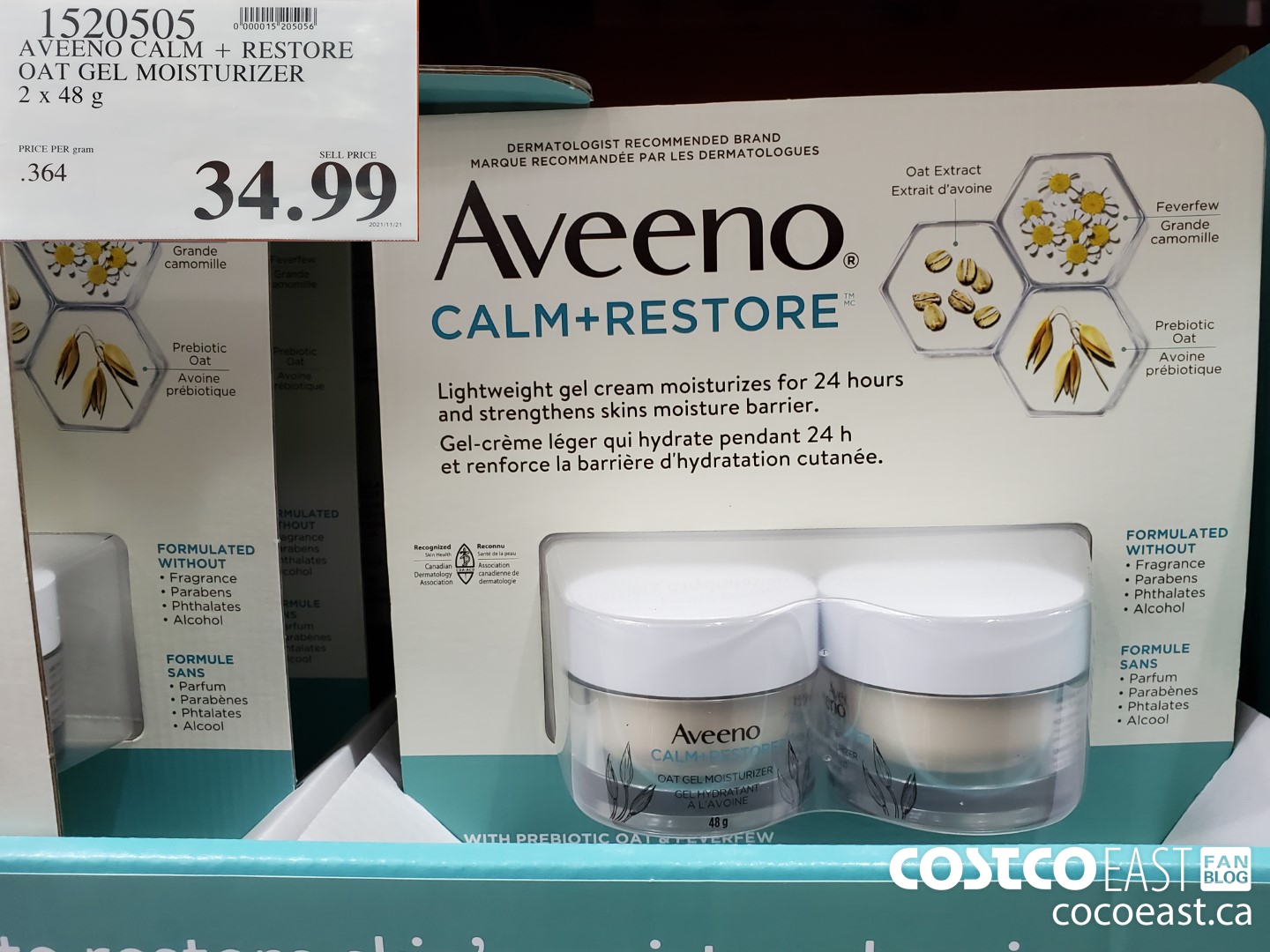 1520505 AVEENO CALM + RESTORE OAT GEL MOISTURIZER 2 x 48 g $34.99