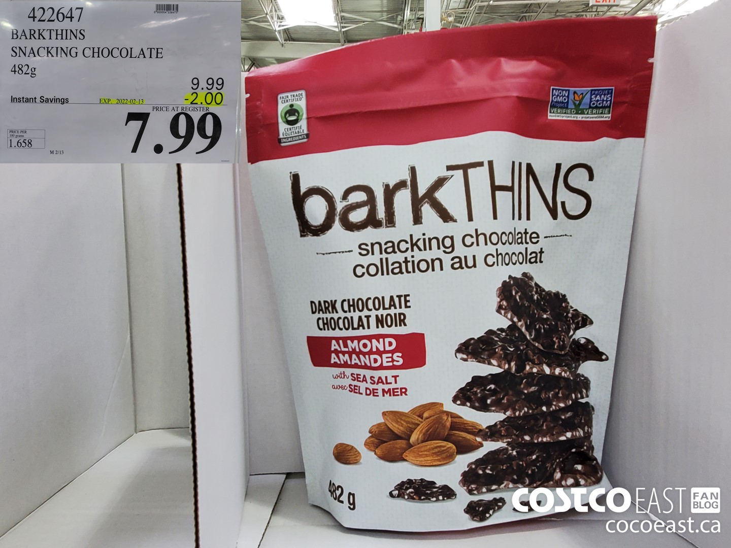 422647 BARKTHINS DARK CHOCOLATE ALMOND 482 G ($2.00 INSTANT SAVINGS EXPIRES ON 2022-02-13) $7.99