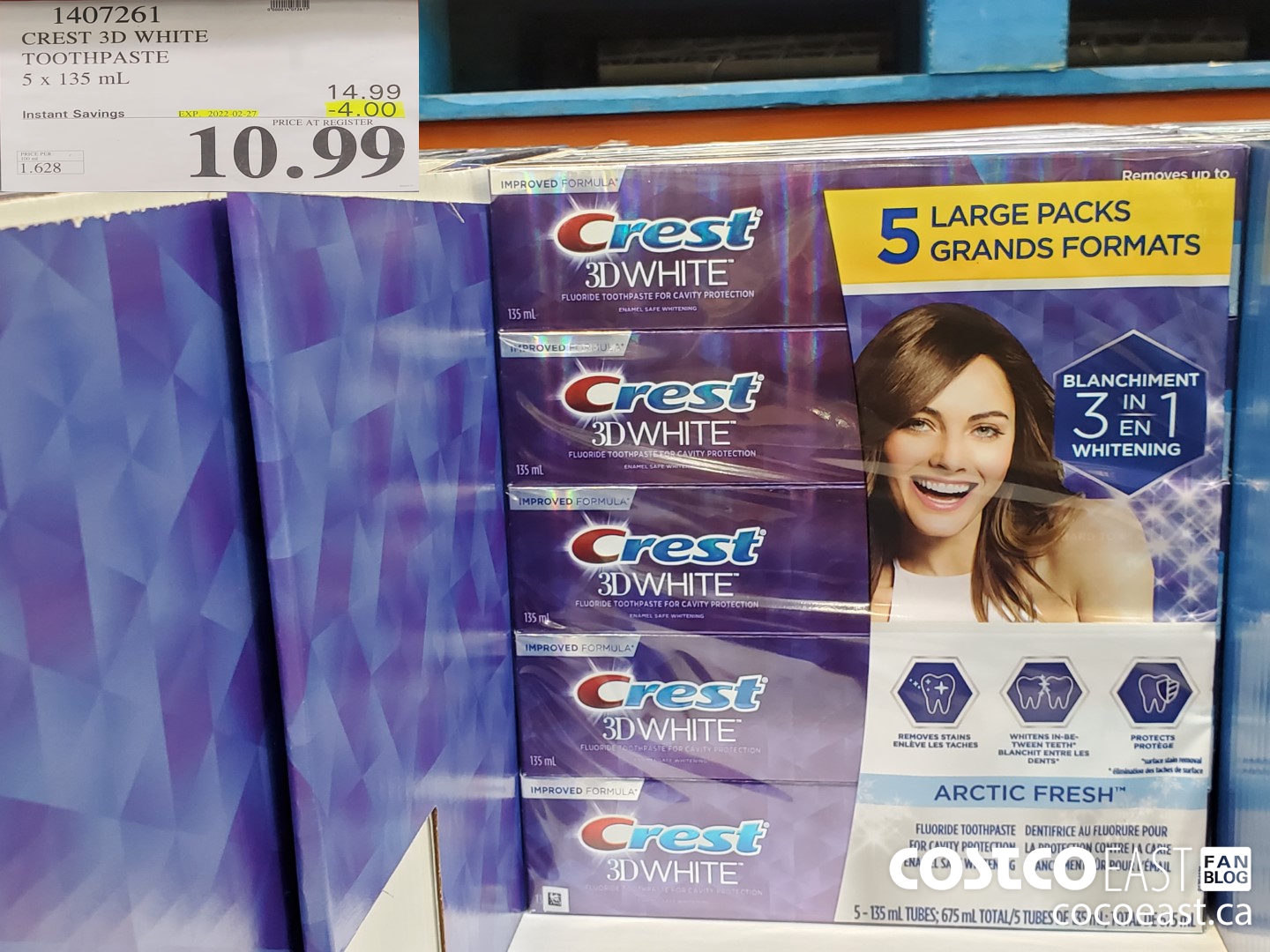 1407261 CREST 3D WHITE TOOTHPASTE 5 X 135 ML ($4.00 INSTANT SAVINGS EXPIRES ON 2022-02-27) $10.99