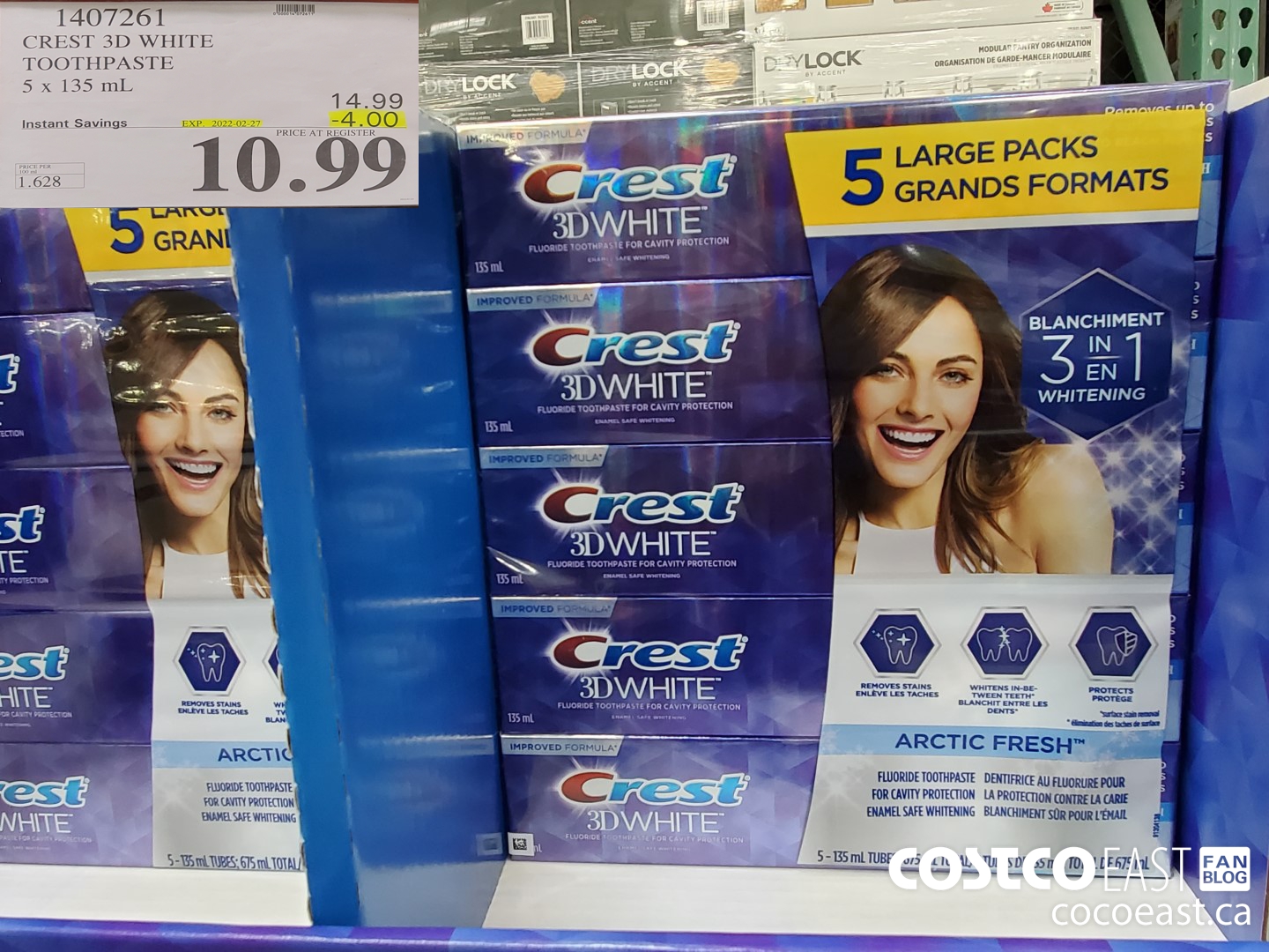 1407261 CREST 3D WHITE TOOTHPASTE 5 X 135 ML ($4.00 INSTANT SAVINGS EXPIRES ON 2022-02-27) $10.99